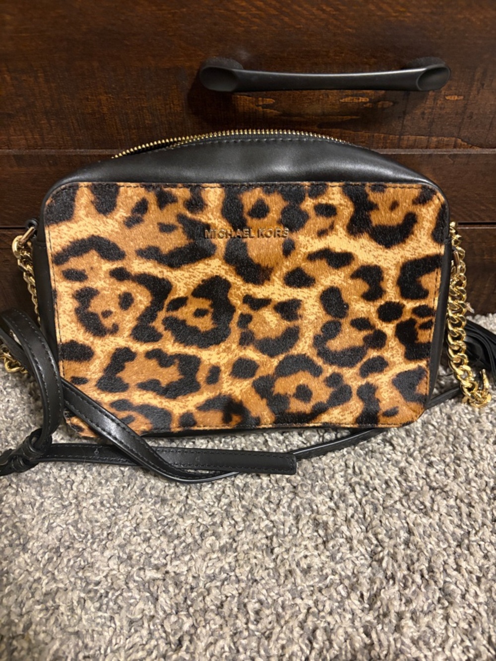 Michael Kors Leopard Print Crossbody in Black and Brown